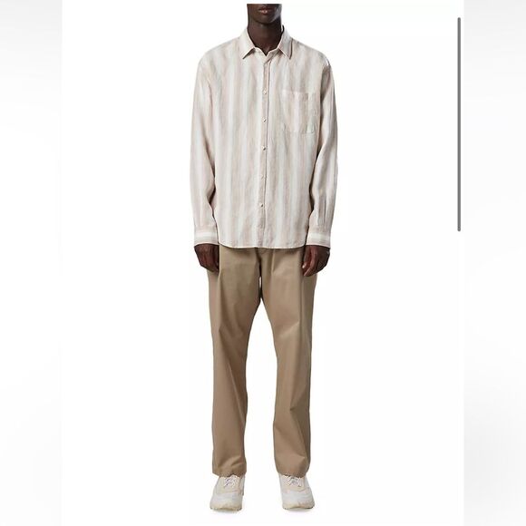 NN07  No Nationality Deon Striped Button-Front Shirt in Khaki Stripe S NWOT - Picture 1 of 10